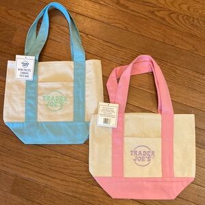 Set of 2 Trader Joe's Mini Pastel Canvas Tote Bags - Pink & Blue